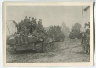 German Wwii Photo: Panzer V Panther Tanks With Soldiers On Armour,  Agfa Paper