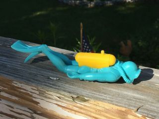 Vintage Plastic Toy Scuba Diver Blue With Yellow Tank Tub Toy