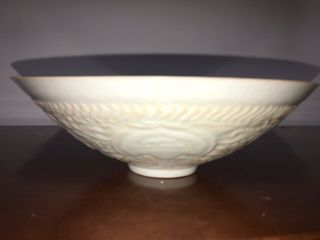 Chinese Old Hutian Kiln White Crackle Glaze Carved Kids Pattern Porcelain Bowl