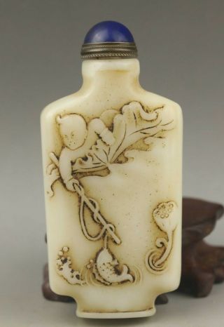 Chinese Old Natural Hetian Jade Hand - Carved Statue Snuff Bottle