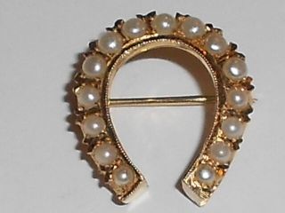 Vintage 14k Gold Horse Shoe Pin With Pearls (13ql)