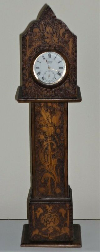 Antique Miniature Long Case Clock Pocket Watch Holder With Silver Watch