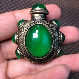 Chinese Old Tibet Silver & Jadeite Jade 9 Green Beads Handwork Rare Snuff Bottle