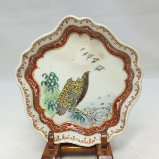 H345: Japanese Rare Shaped Plate Of Old Imari Colored Porcelain W/hawk Painting
