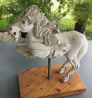 Antique Full Size Solid Wood Carousel Unicorn Horse On Stand