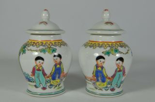 Pair Estate Fine China Chinese Famille Rose Mini Porcelain Jar Scholar Art