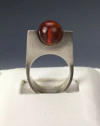 N.  E.  Nils From 925s Sterling Silver Danish Modernist Mcm Amber Sphere Ring Sz 7