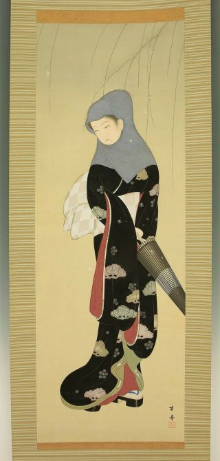 掛軸1967 Japanese Hanging Scroll : Kishu " Beauty With Umbrella " @zv906