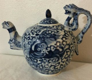 Rare Chinese Qing Dynasty Blue And White Porcelain Teapot With Figural Dragon