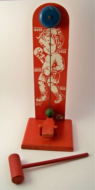 Vintage Wooden High Striker Game With Mallet And Bell