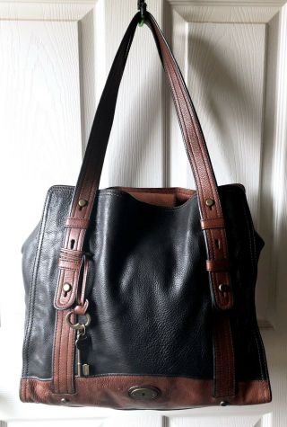 Fossil Vintage Reissue Black Brown Leather Purse Satchel Shopper Shoulder Tote