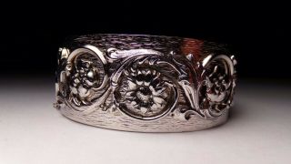 Vtg Whiting And & Davis Wide Silver Rhodium Sunflower Violet Hinge Bracelet