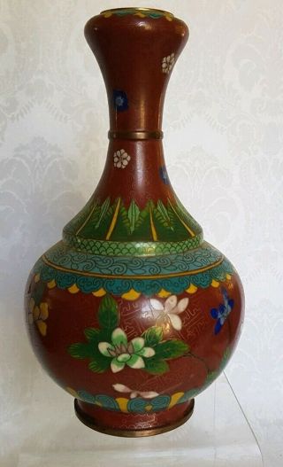 Antique Chinese Cloisonne Vase Enamel On Bronze Many Flowers On Red,  Shape