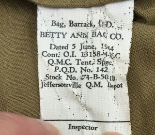 WWII US Army OD Green Barracks Bag with Tag Dated 5 June 1944 Betty Ann Bag Co. 2