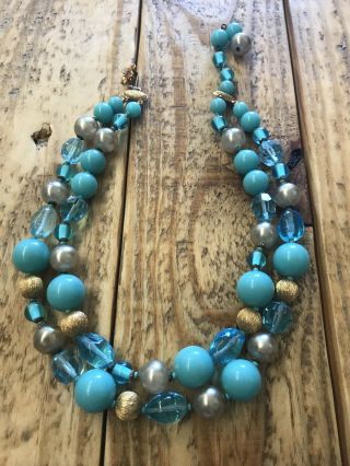 Vintage De Mario Faux Turquoise,  Faux Pearl,  & Gold Tone Two Stranded Necklace