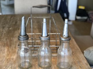 Vintage Oil Bottle Carrier With 3 Motor Oil Bottles And Spouts
