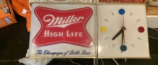 Vintage 1957 Miller High Life Beer Lighted Wall Clock & Sign Shark Fin & Dots 3