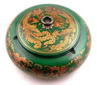 Vintage Green Finish Wooden Brass Ashtray Gold Gilt Dragon Phoenix Floral W/ Lid