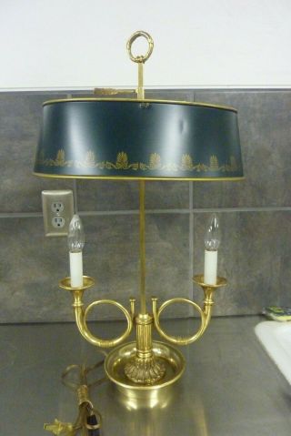Vtg Brass DoubleTrumpet French Horn Bouillotte Table Lamp w/ Tole Shade 2