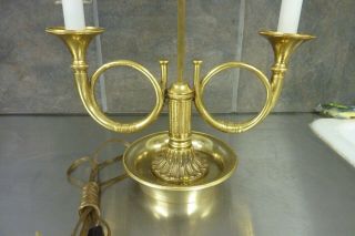 Vtg Brass DoubleTrumpet French Horn Bouillotte Table Lamp w/ Tole Shade 3