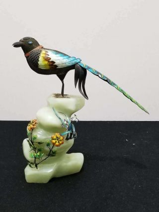 Antique Chinese Gilt Silver Filigree Enamel Bird On Jade Stand