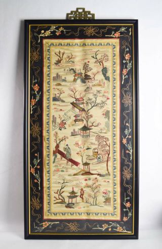 Antique Vintage Framed Chinese Landscape Embroidered Cloth Fabric Art Panel