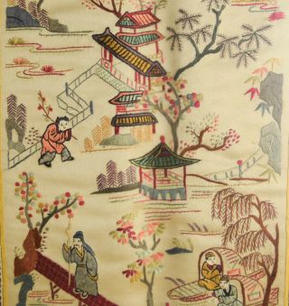 Antique Vintage Framed Chinese Landscape Embroidered Cloth Fabric Art Panel 2