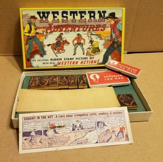 Vintage Smeco Western Adventures Wood/rubber 7 - Stamp Picture Set 4006 Cowboys Vg