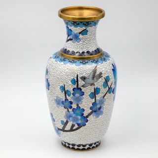 Vintage Asian Chinese Blue White Cherry Blossom Brass Cloisonne Enamel Vase