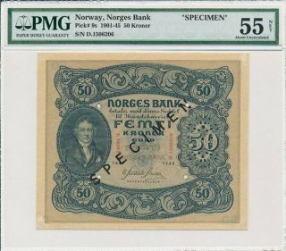 Norges Bank Norway 50 Kroner 1945 Specimen,  Rare Pmg 55net