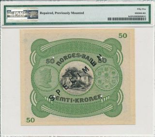 Norges Bank Norway 50 Kroner 1945 Specimen,  RARE PMG 55NET 2