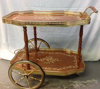 Vintage Hollywood Regency Glam Mid Century Italian Style Brass Wood Bar Tea Cart