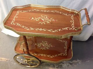 Vintage Hollywood regency Glam Mid Century italian Style Brass Wood Bar Tea Cart 7