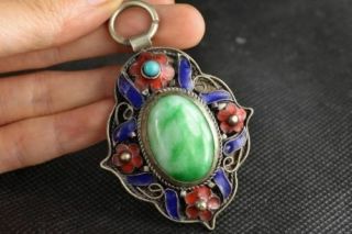 China Handwork Tibet - Silver Inlay Old Green Jade Stone Cloisonne Flower Pendant