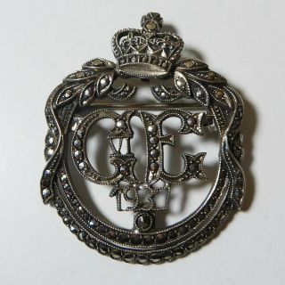 Antique King George & Queen Elizabeth Silver & Marcasite Coronation Brooch