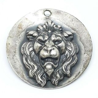 Antique Victorian Era Sterling Silver Repousse Lions Head & Mane Pendant Fob