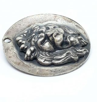 Antique Victorian Era Sterling Silver Repousse Lions Head & Mane Pendant Fob 3