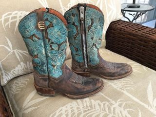 DAN POST VINTAGE DISTRESSED BLUEBIRD BOOTS size W/8.  5 4