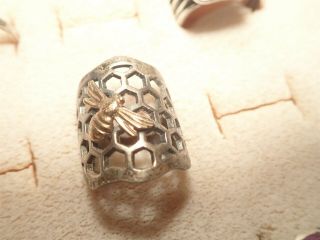 Ultra Rare Honey Comb 18k Gold Bumble Bee Sterling Silver Ring