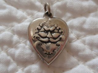 Antique Victorian Sterling Silver Puffy Heart Green Man Charm Vintage