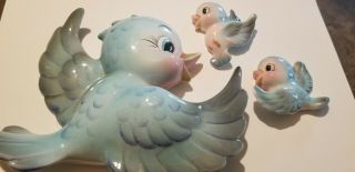 Vintage Lefton Blue Bird 3pc Wall Figurines Set