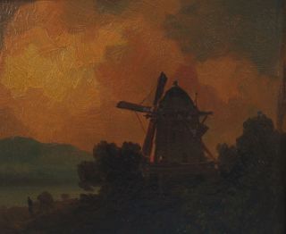19thC Antique Nocternal Tonalist Impressionist Windmill Landscape Oil Painting 4