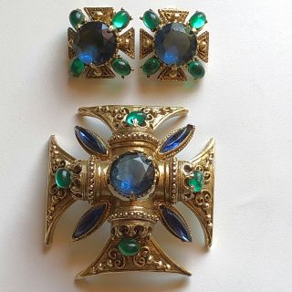 Womens Florenza Maltese Cross Brooch Pendant Earring Set Faux Sapphire Emerald