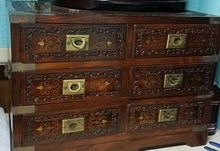 Antique Vintage Campaign Anglo Indian Wooden Chest With 6 Drawers W/ Brass Inlay