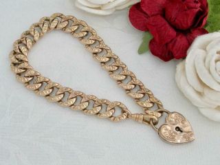 Wide C1910 Antique 14k Rose Gold Gf Repousse Curb Chain Padlock Bracelet