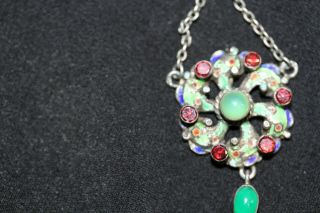Colorful Enameled Vintage Pendant With Green Stones And Garnets Set In 800 Silve