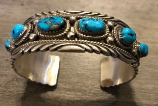 Gorgeous Vintage Navajo Kingman Turquoise & Sterling Silver Row Bracelet 51 Gr.
