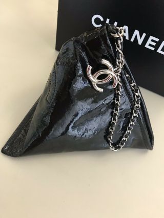 Rare 100 Authentic Chanel Black Patent Triangle Pyramid Mini Bag on Chain. 4