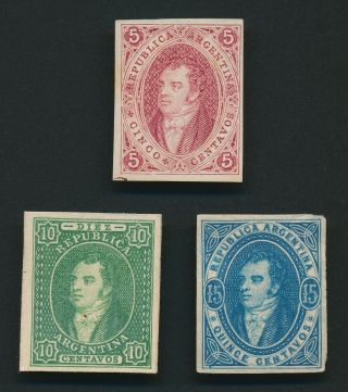 RARE ARGENTINA STAMPS 1864 - 1867 RIVADAVIA 5c,  10c,  15c PROOFS,  MAGNIFICENT PAGE,  VF 2