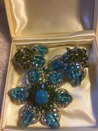 Miriam Haskell Vintage Clip On Glass Bead Earrings Brooch Set